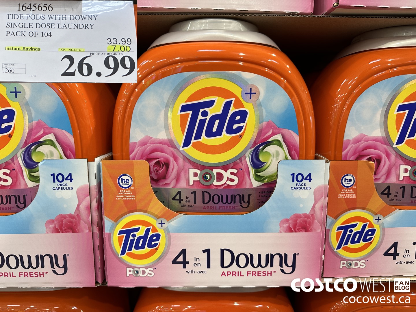 1645656 TIDE PODS WITH DOWNY SINGLE DOSE LAUNDRY 104 PACS ($7.00 INSTANT SAVINGS EXPIRES ON 2024-03-17) $26.99