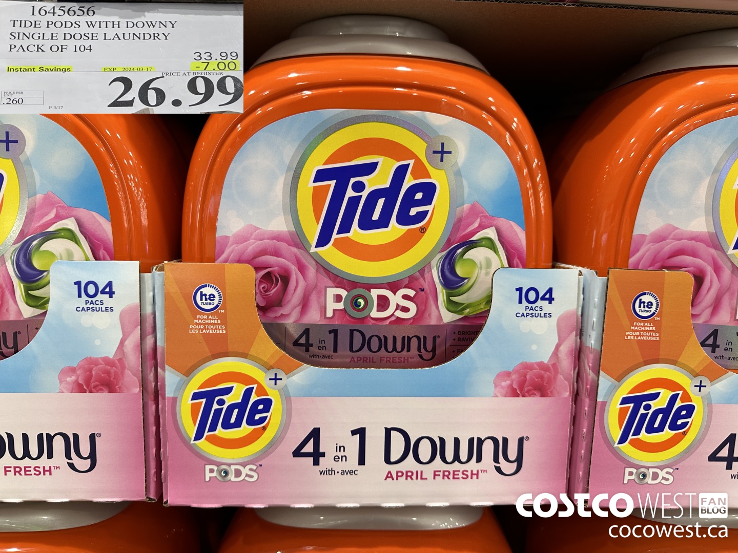1645656 TIDE PODS WITH DOWNY SINGLE DOSE LAUNDRY 104 PACS ($7.00 INSTANT SAVINGS EXPIRES ON 2024-03-17) $26.99