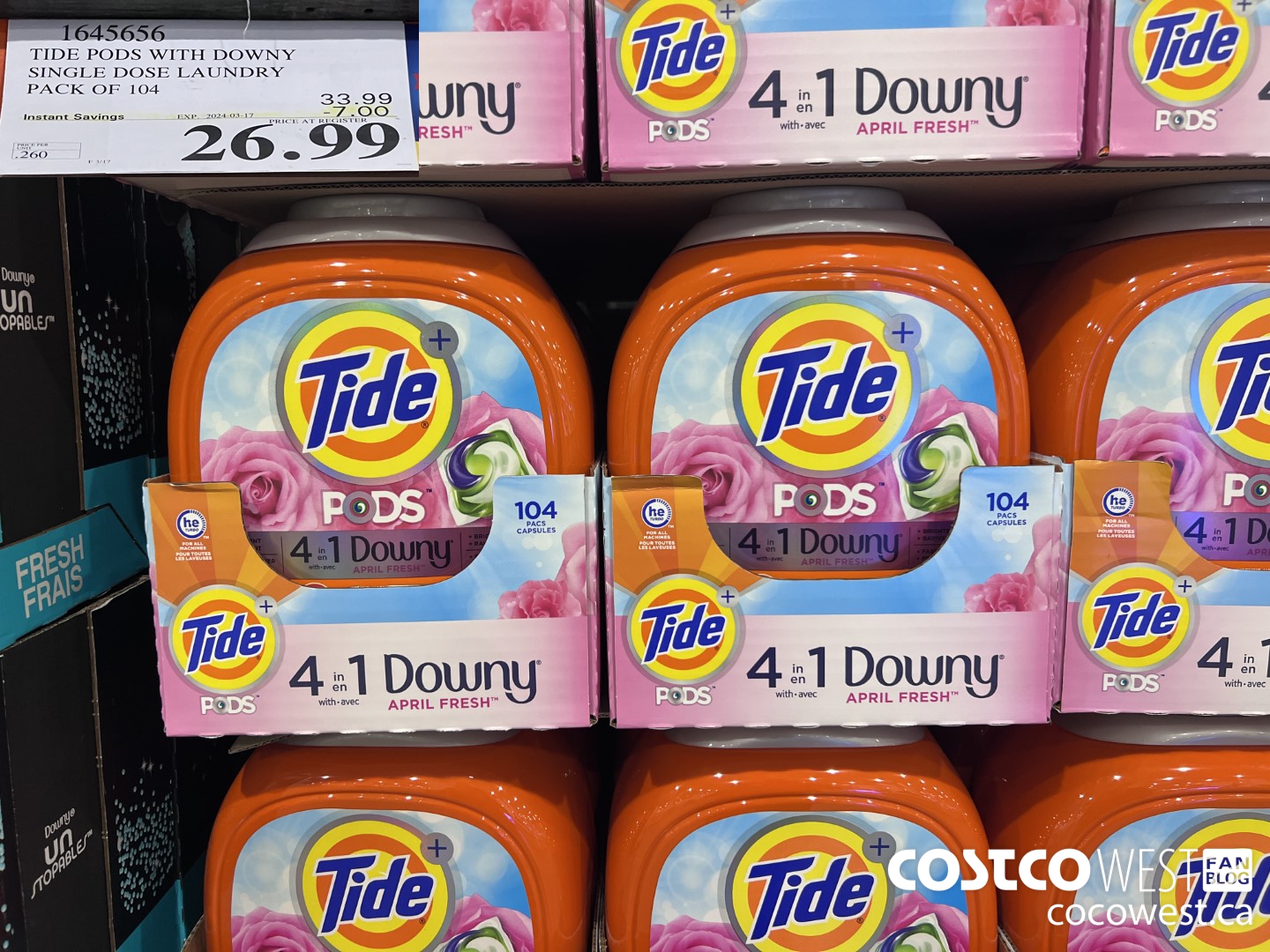 1645656 TIDE PODS WITH DOWNY SINGLE DOSE LAUNDRY 104 PACS ($7.00 INSTANT SAVINGS EXPIRES ON 2024-03-17) $26.99
