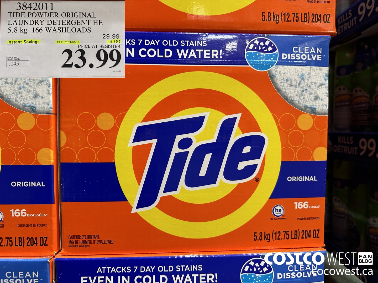 3842011 TIDE POWDER ORIGINAL LAUNDRY DETERGENT HE 5.8KG 166 WASHLOADS ($6.00 INSTANT SAVINGS EXPIRES ON 2024-03-10) $23.99