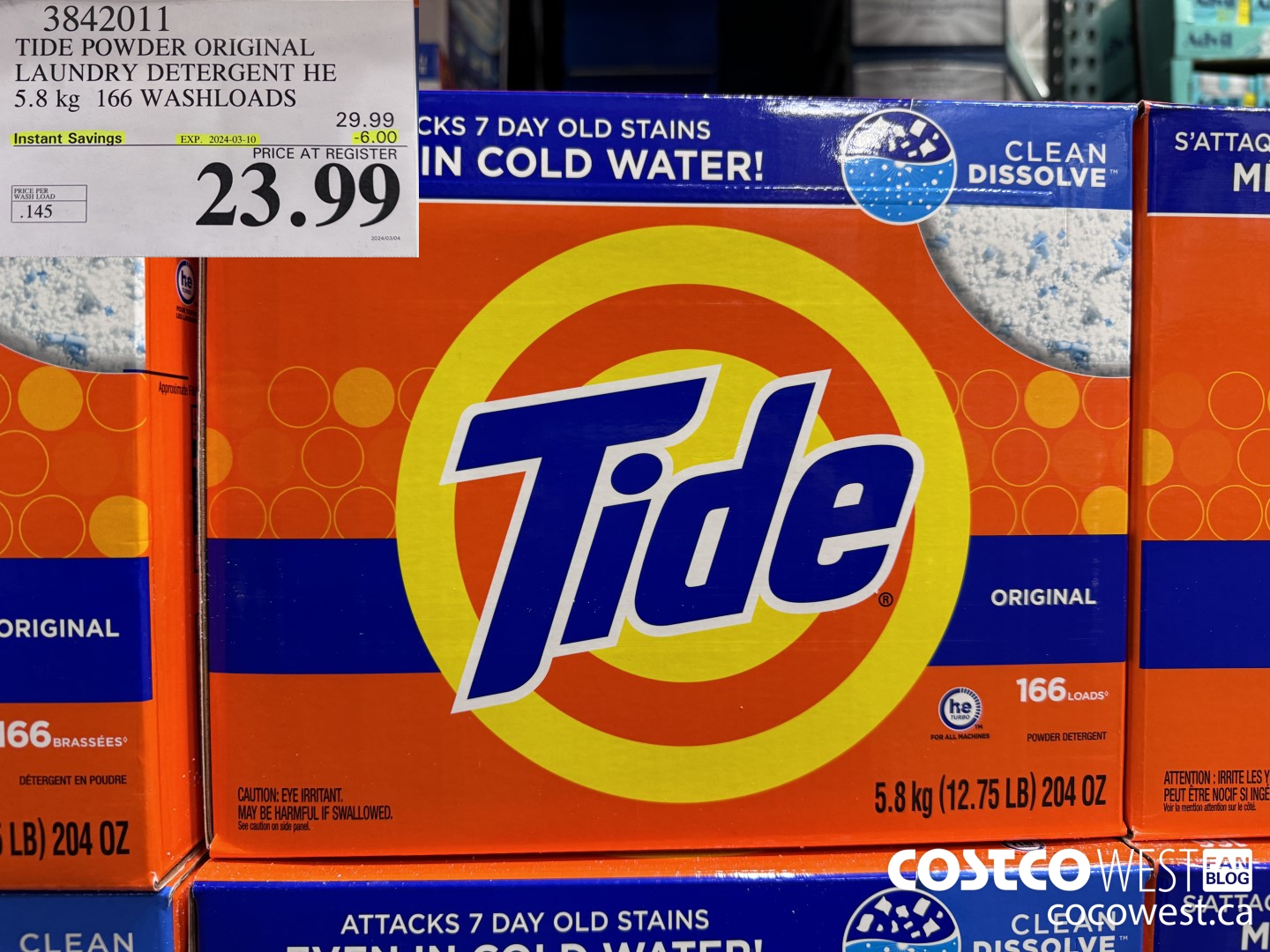 3842011 TIDE POWDER ORIGINAL LAUNDRY DETERGENT HE 5.8KG 166 WASHLOADS ($6.00 INSTANT SAVINGS EXPIRES ON 2024-03-10) $23.99