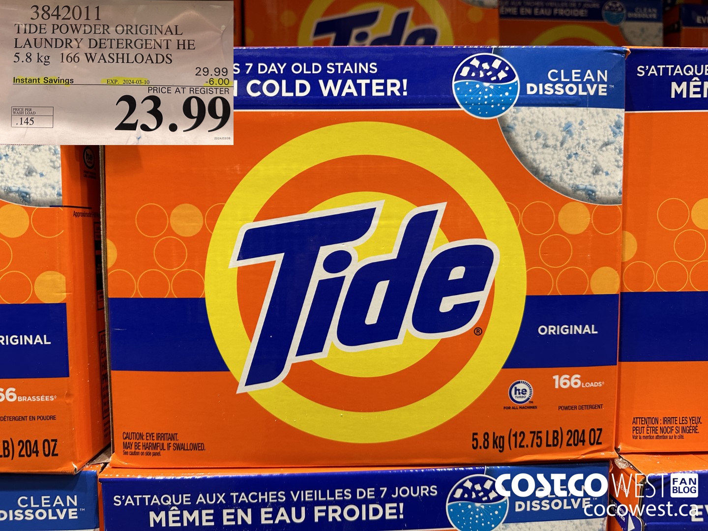 3842011 TIDE POWDER ORIGINAL LAUNDRY DETERGENT HE 5.8KG 166 WASHLOADS ($6.00 INSTANT SAVINGS EXPIRES ON 2024-03-10) $23.99