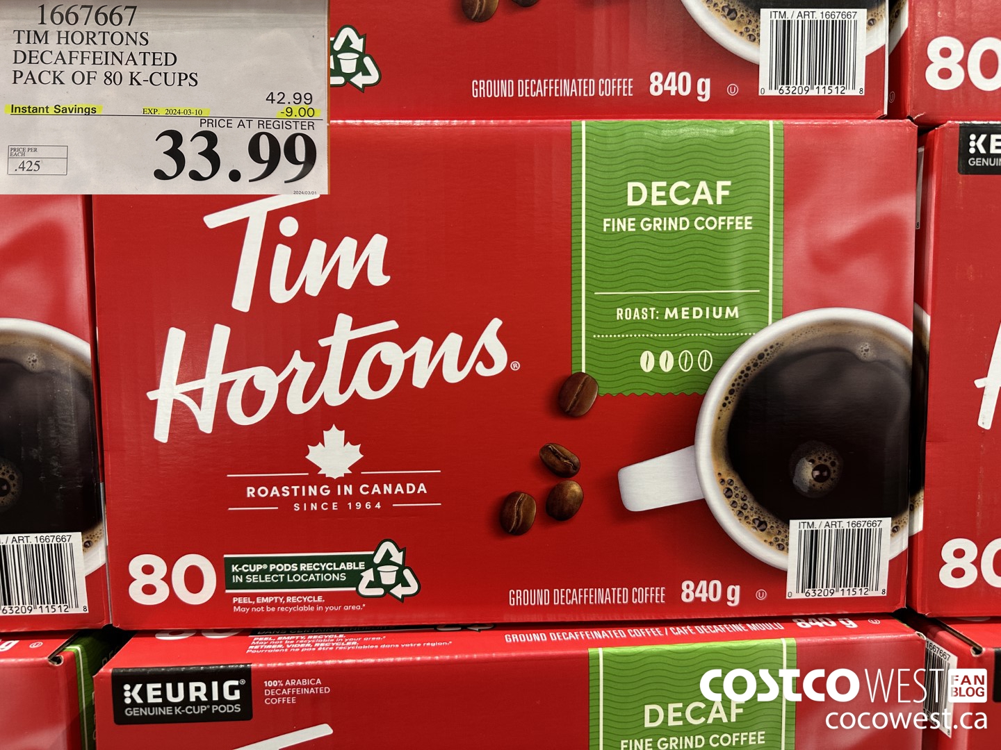 1667667 TIM HORTONS DECAFFEINATED K-CUPS 80 COUNT ($9.00 INSTANT SAVINGS EXPIRES ON 2024-03-10) $33.99