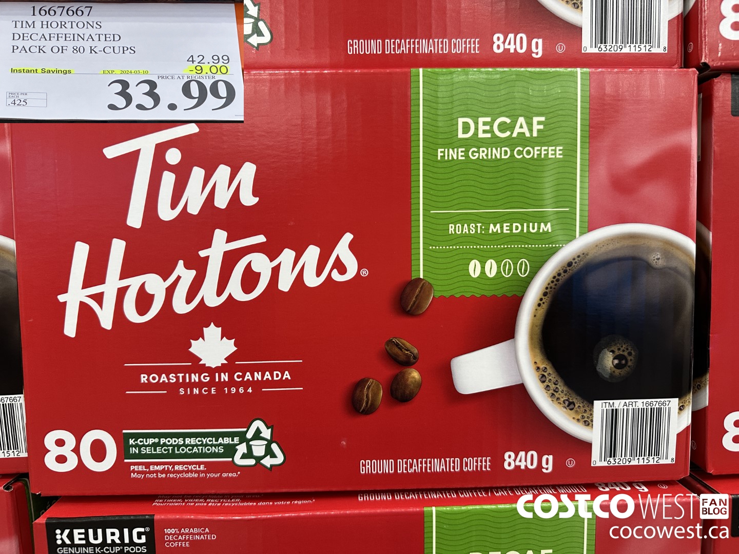 1667667 TIM HORTONS DECAFFEINATED K-CUPS 80 COUNT ($9.00 INSTANT SAVINGS EXPIRES ON 2024-03-10) $33.99