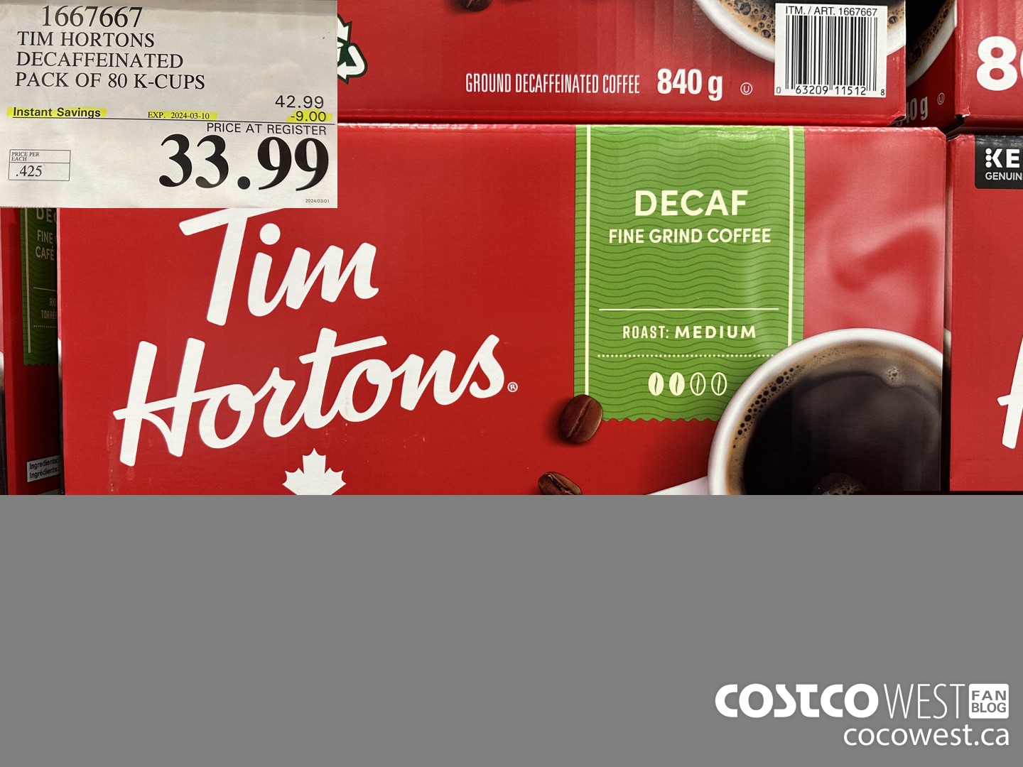 1667667 TIM HORTONS DECAFFEINATED K-CUPS 80 COUNT ($9.00 INSTANT SAVINGS EXPIRES ON 2024-03-10) $33.99