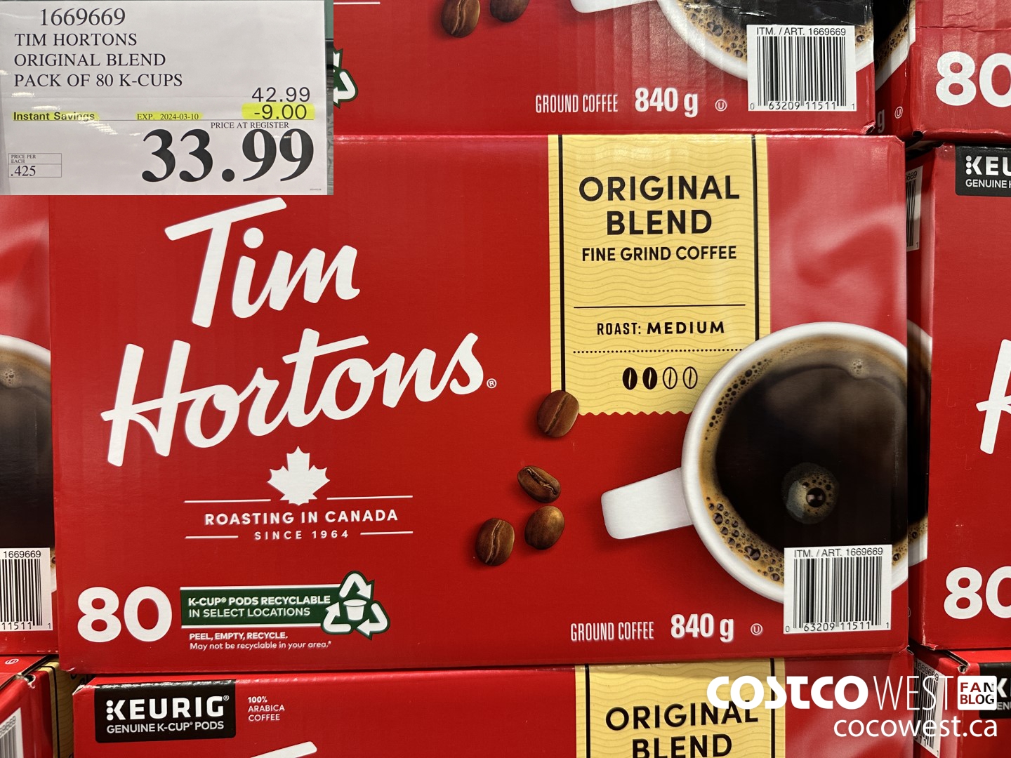 1669669 TIM HORTONS ORIGINAL BLEND K-CUPS 80 COUNT ($9.00 INSTANT SAVINGS EXPIRES ON 2024-03-10) $33.99