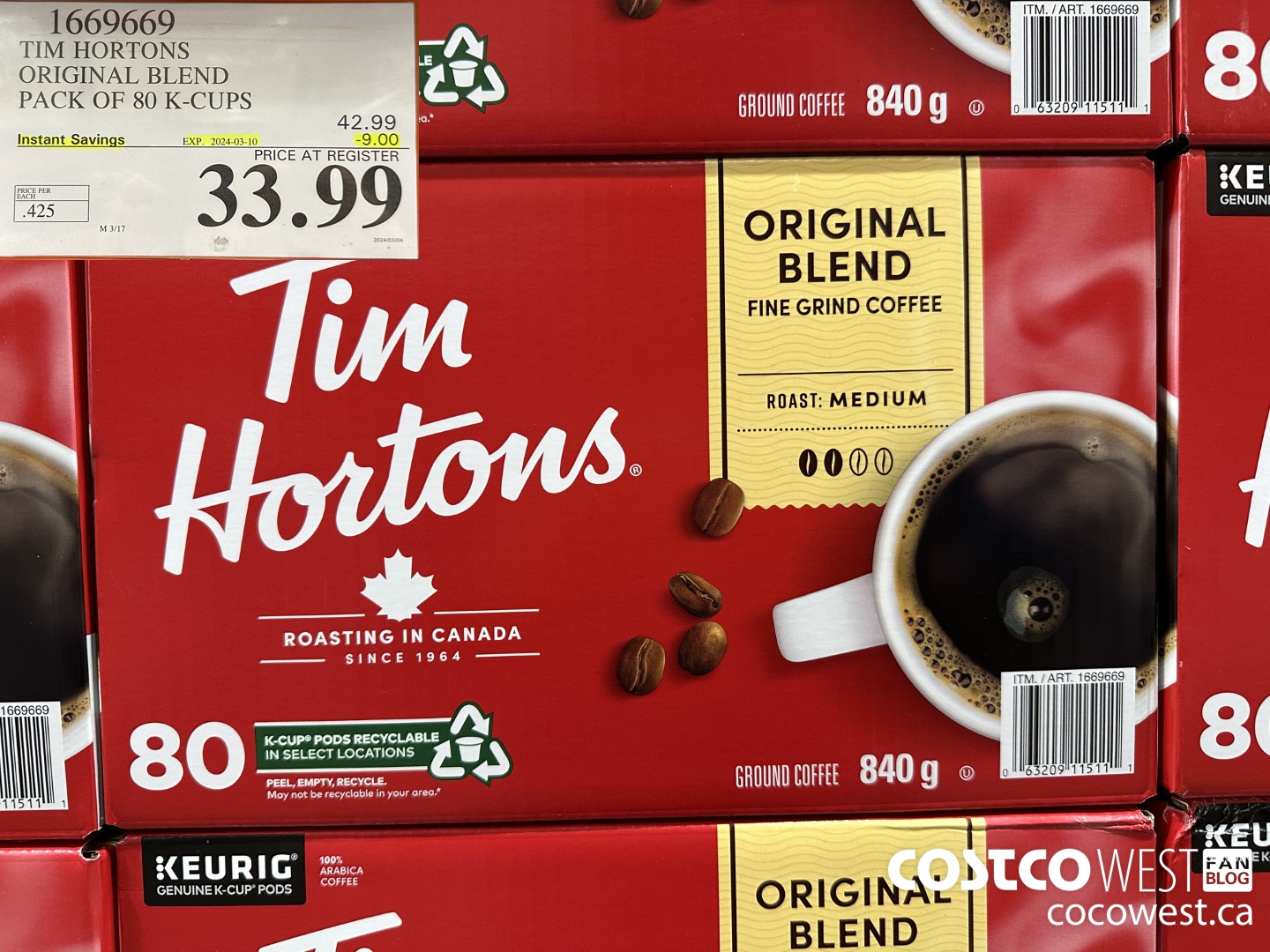 1669669 TIM HORTONS ORIGINAL BLEND K-CUPS 80 COUNT ($9.00 INSTANT SAVINGS EXPIRES ON 2024-03-10) $33.99