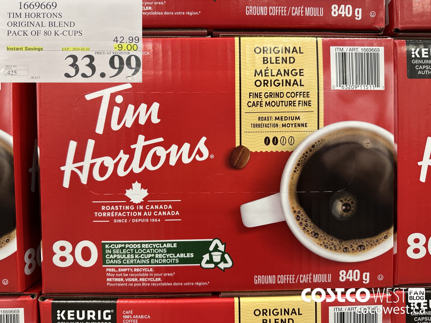 1669669 TIM HORTONS ORIGINAL BLEND K-CUPS 80 COUNT ($9.00 INSTANT SAVINGS EXPIRES ON 2024-03-10) $33.99