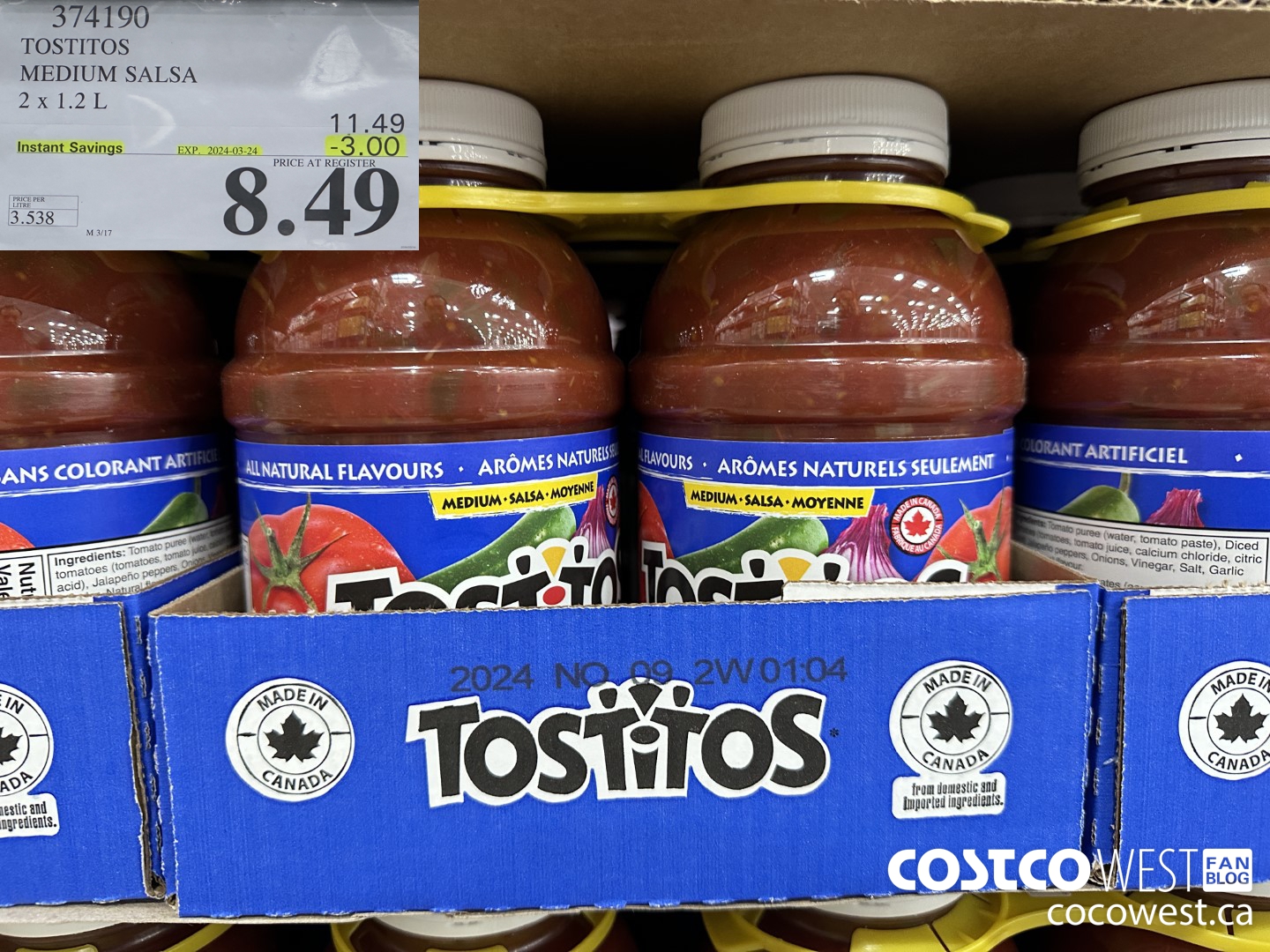 374190 TOSTITOS MEDIUM SALSA 2 X 1.2 L ($3.00 INSTANT SAVINGS EXPIRES ON 2024-03-24) $8.49