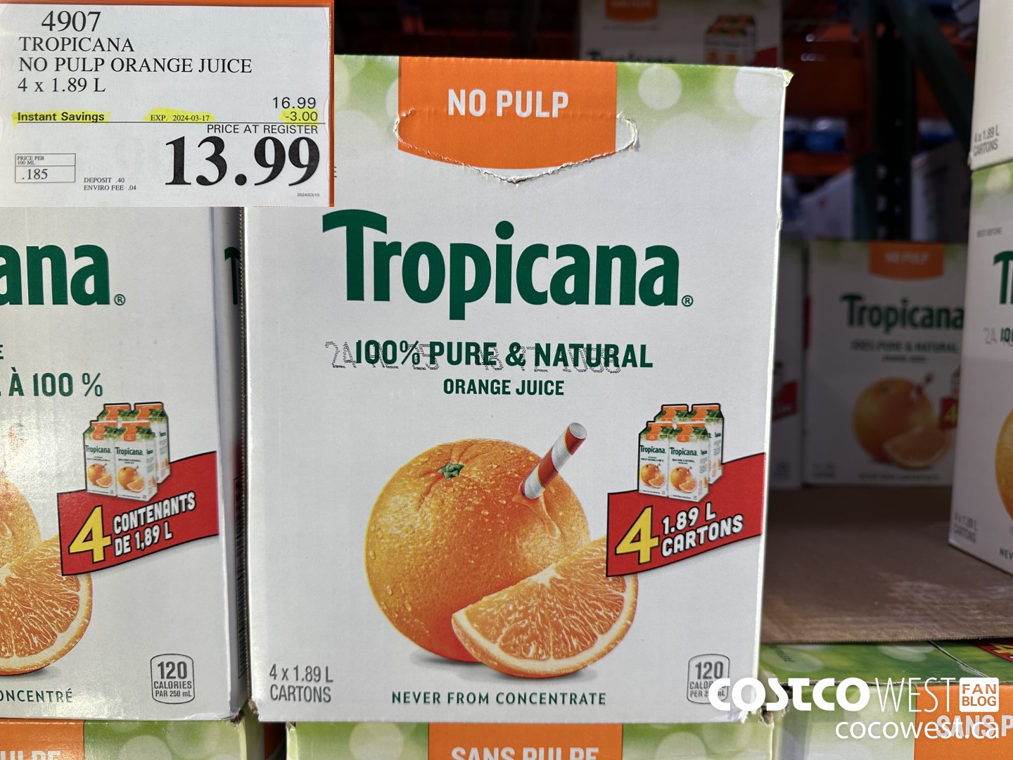 4907 TROPICANA NO PULP ORANGE JUICE 4 X 1.89 L ($3.00 INSTANT SAVINGS EXPIRES ON 2024-03-17) $13.99