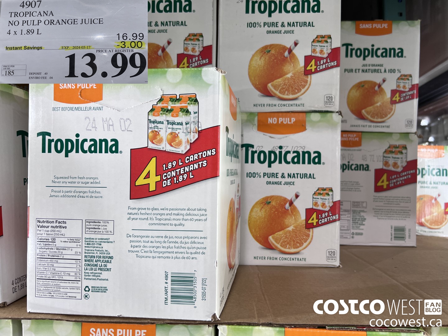 4907 TROPICANA NO PULP ORANGE JUICE 4 X 1.89 L ($3.00 INSTANT SAVINGS EXPIRES ON 2024-03-17) $13.99