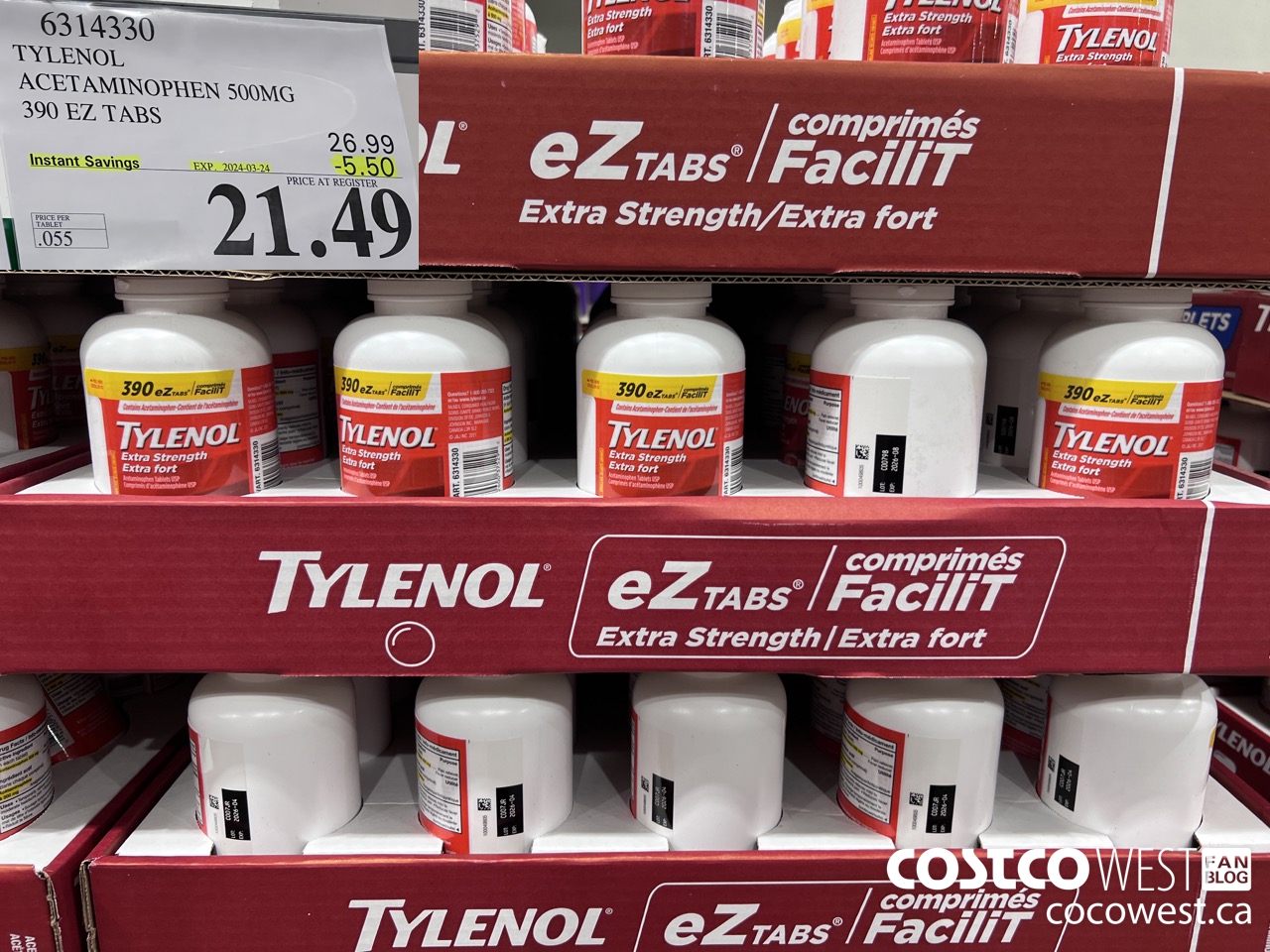 6314330 TYLENOL ACETAMINOPHEN 500MG 390 EZ TABS ($5.50 INSTANT SAVINGS EXPIRES ON 2024-03-24) $21.49