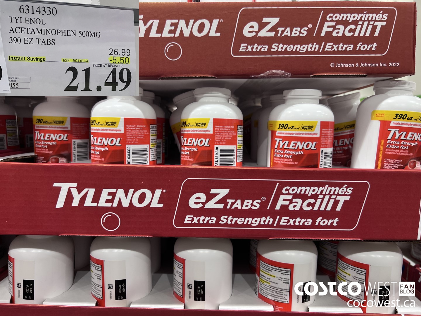 6314330 TYLENOL ACETAMINOPHEN 500MG 390 EZ TABS ($5.50 INSTANT SAVINGS EXPIRES ON 2024-03-24) $21.49