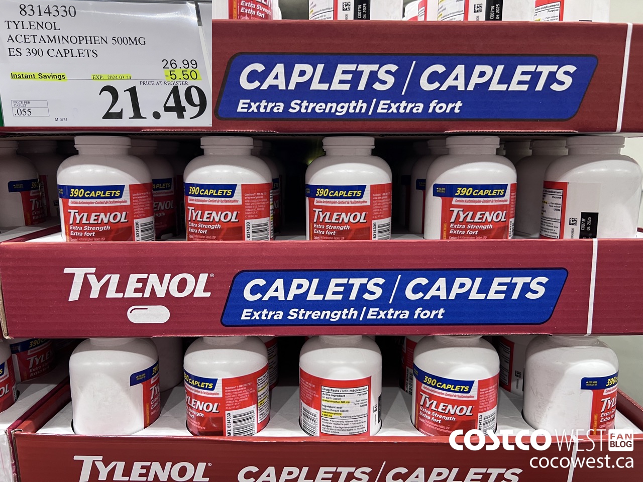 8314330 TYLENOL ACETAMINOPHEN 500MG ES 390 CAPLETS ($5.50 INSTANT SAVINGS EXPIRES ON 2024-03-24) $21.49