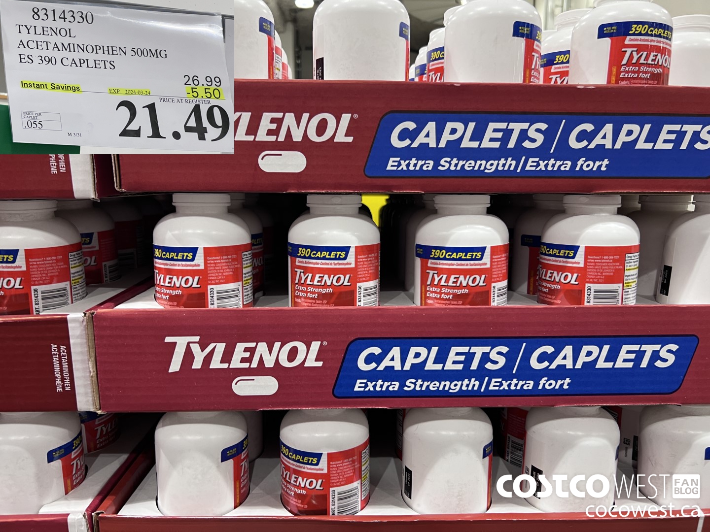 8314330 TYLENOL ACETAMINOPHEN 500MG ES 390 CAPLETS ($5.50 INSTANT SAVINGS EXPIRES ON 2024-03-24) $21.49