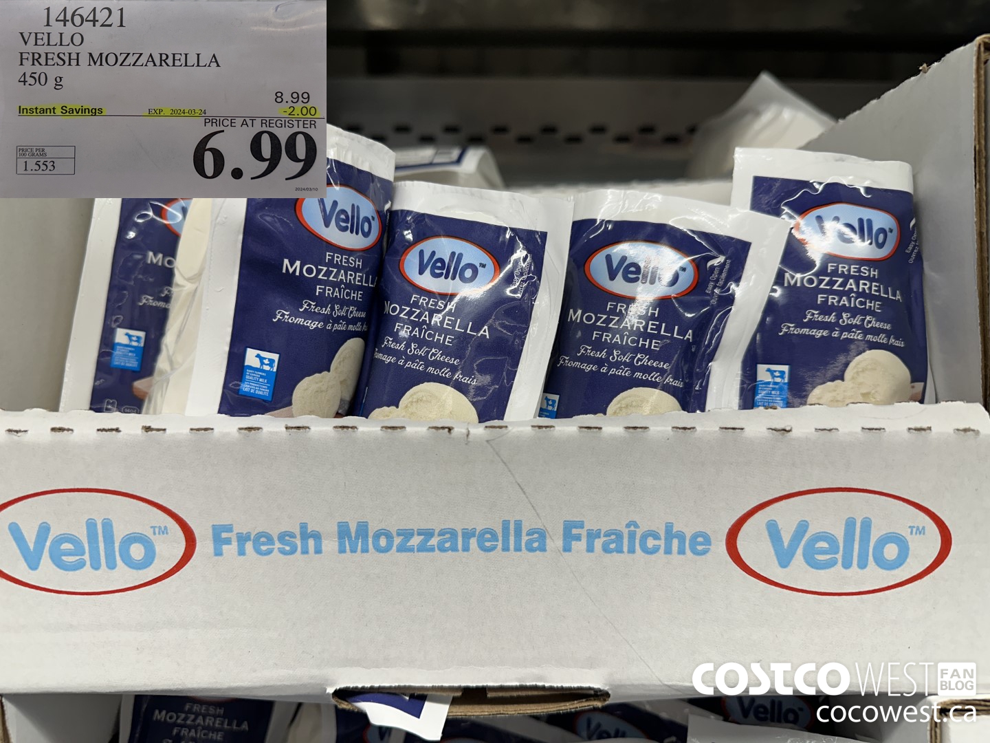 146421 VELLO FRESH MOZZARELLA 450 G ($2.00 INSTANT SAVINGS EXPIRES ON 2024-03-24) $6.99