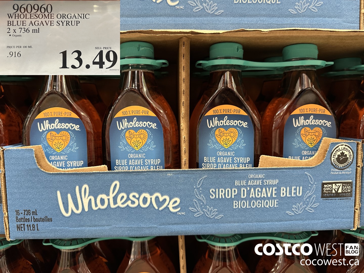 960960 WHOLESOME BLUE AGAVE SYRUP 2 x 736 mL $13.49