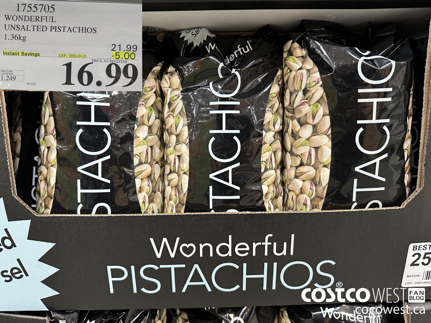 1755705 WONDERFUL UNSALTED PISTACHIOS 1.36KG ($5.00 INSTANT SAVINGS EXPIRES ON 2024-03-03) $16.99