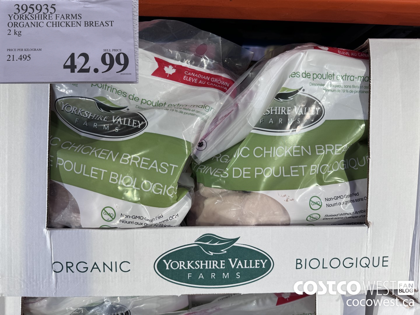 395935 YORKSHIRE FARMS ORGANIC CHICKEN BREAST 2 kg $42.99