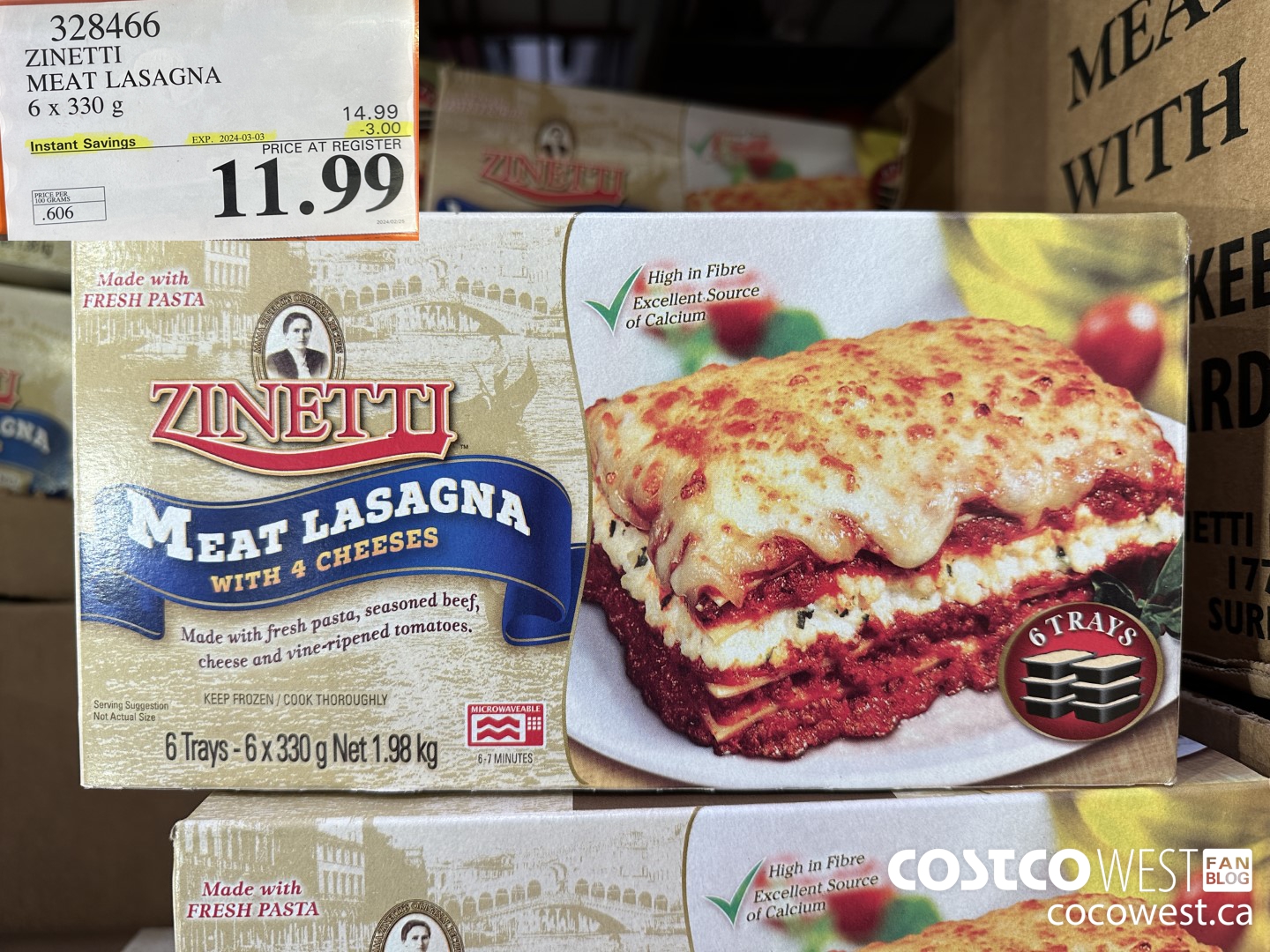 328466 ZINETTI MEAT LASAGNA 6 x 330 g ($3.00 INSTANT SAVINGS EXPIRES ON 2024-03-03) $11.99