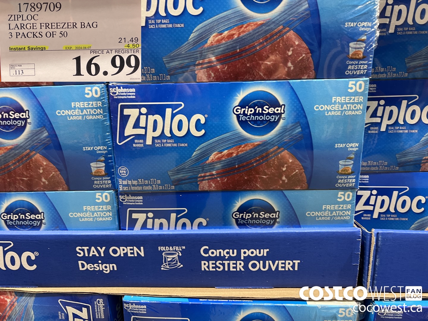 1789709 ZIPLOC LARGE FREEZER BAG 3 X 50 ($4.50 INSTANT SAVINGS EXPIRES ON 2024-04-07) $16.99