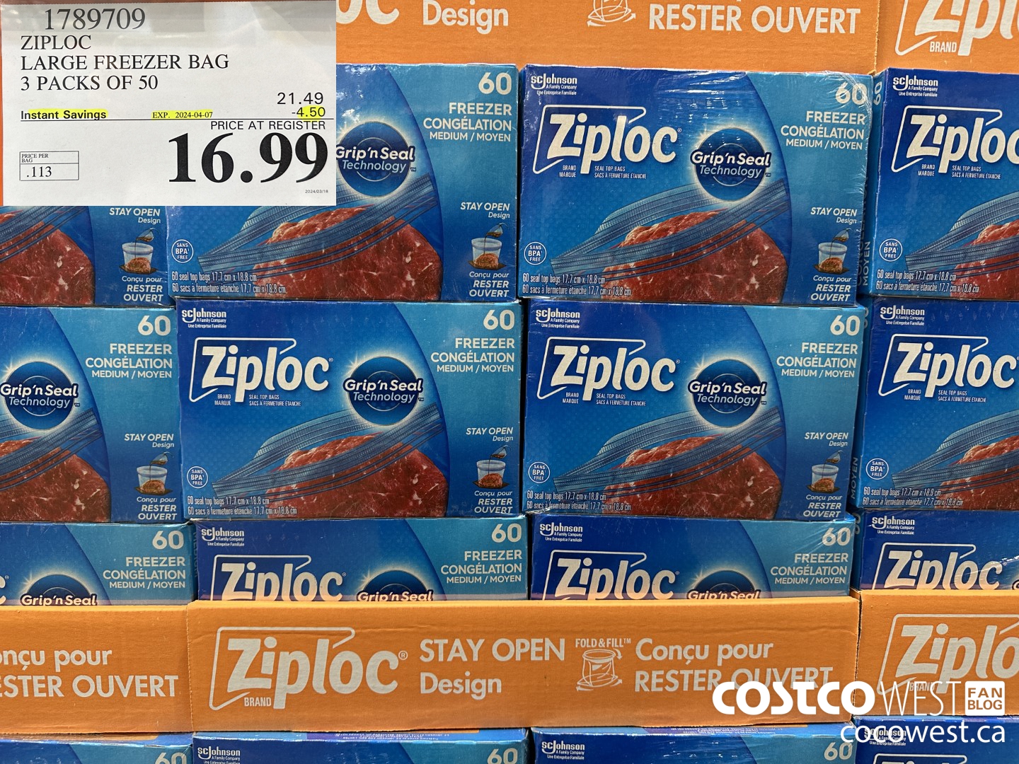 1789709 ZIPLOC LARGE FREEZER BAG 3 X 50 ($4.50 INSTANT SAVINGS EXPIRES ON 2024-04-07) $16.99