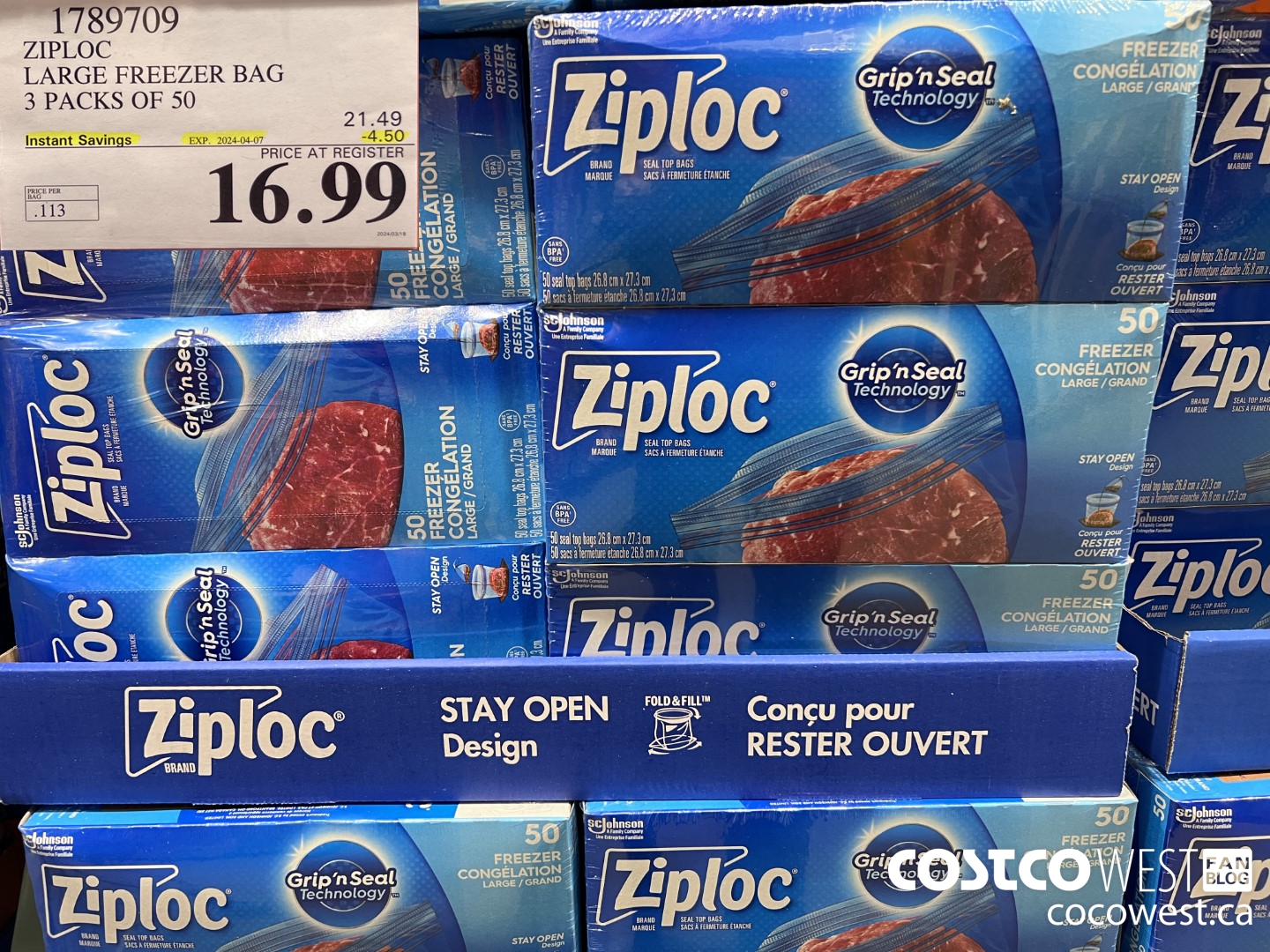 1789709 ZIPLOC LARGE FREEZER BAG 3 X 50 ($4.50 INSTANT SAVINGS EXPIRES ON 2024-04-07) $16.99