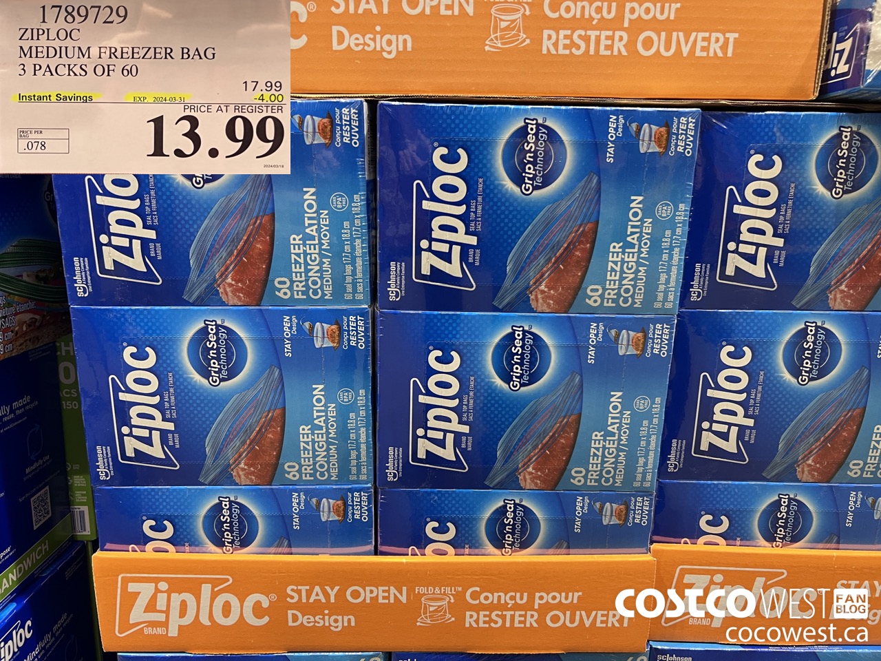 1789729 ZIPLOC MEDIUM FREEZER BAG 3 x 60 ($4.00 INSTANT SAVINGS EXPIRES ON 2024-03-31) $13.99