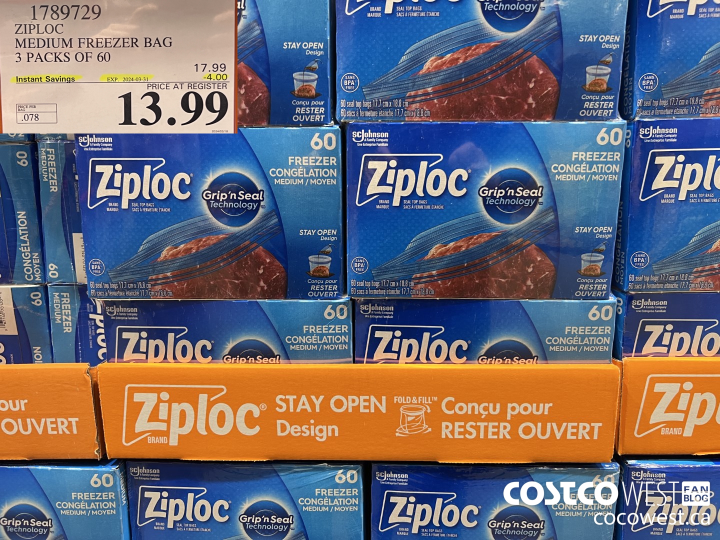 1789729 ZIPLOC MEDIUM FREEZER BAG 3 x 60 ($4.00 INSTANT SAVINGS EXPIRES ON 2024-03-31) $13.99