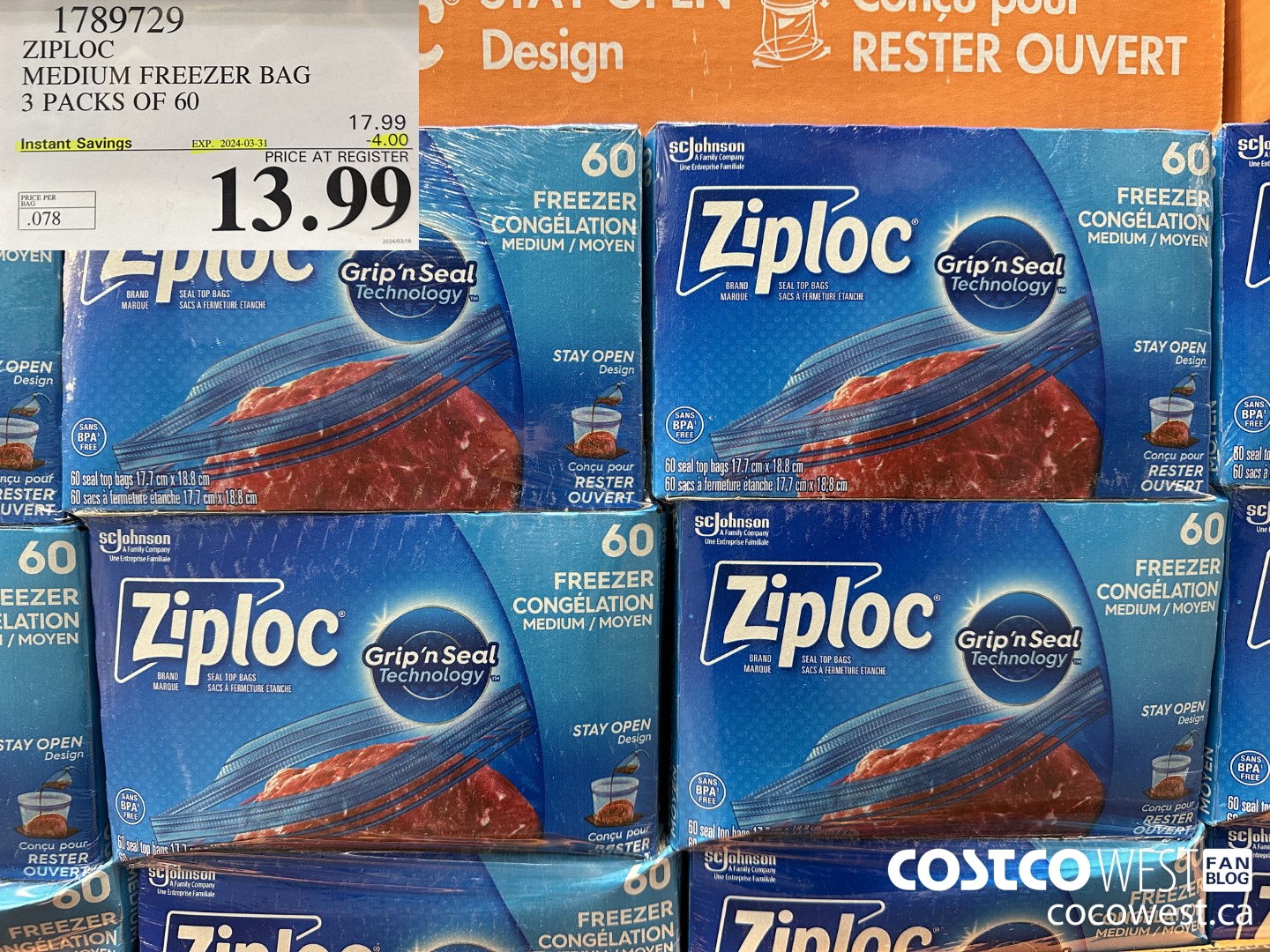 1789729 ZIPLOC MEDIUM FREEZER BAG 3 x 60 ($4.00 INSTANT SAVINGS EXPIRES ON 2024-03-31) $13.99