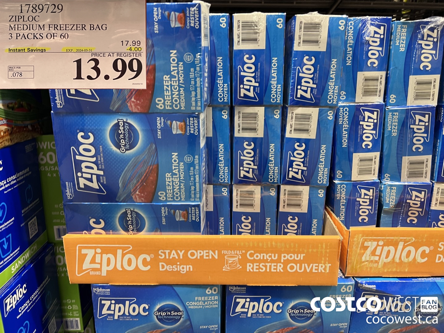 1789729 ZIPLOC MEDIUM FREEZER BAG 3 x 60 ($4.00 INSTANT SAVINGS EXPIRES ON 2024-03-31) $13.99