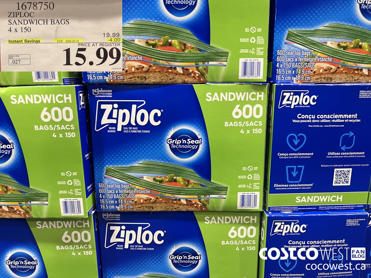 1678750 ZIPLOC SANDWICH BAGS 4 X 150 ($4.00 INSTANT SAVINGS EXPIRES ON 2024-03-31) $15.99