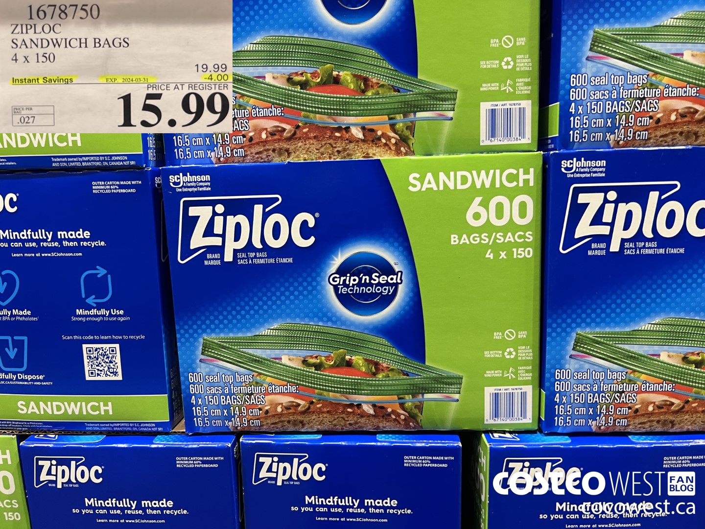 1678750 ZIPLOC SANDWICH BAGS 4 X 150 ($4.00 INSTANT SAVINGS EXPIRES ON 2024-03-31) $15.99