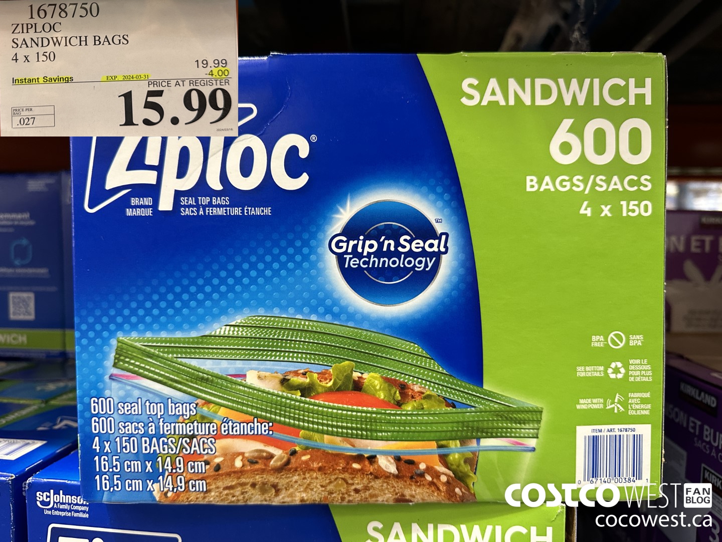 1678750 ZIPLOC SANDWICH BAGS 4 X 150 ($4.00 INSTANT SAVINGS EXPIRES ON 2024-03-31) $15.99