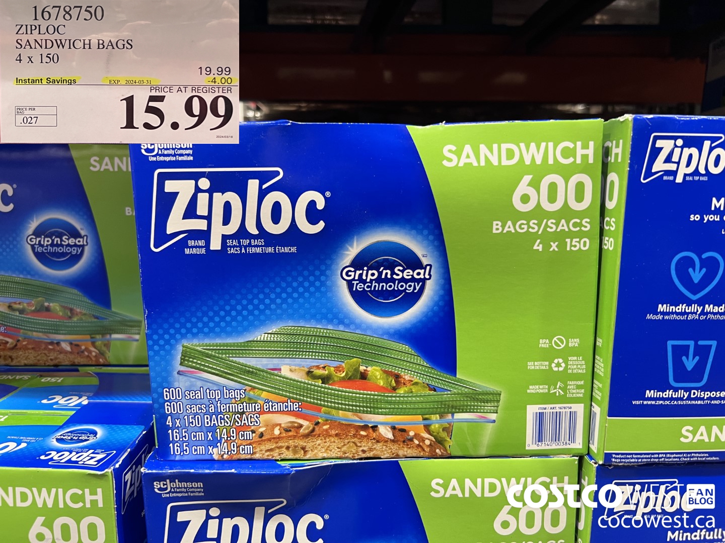 1678750 ZIPLOC SANDWICH BAGS 4 X 150 ($4.00 INSTANT SAVINGS EXPIRES ON 2024-03-31) $15.99