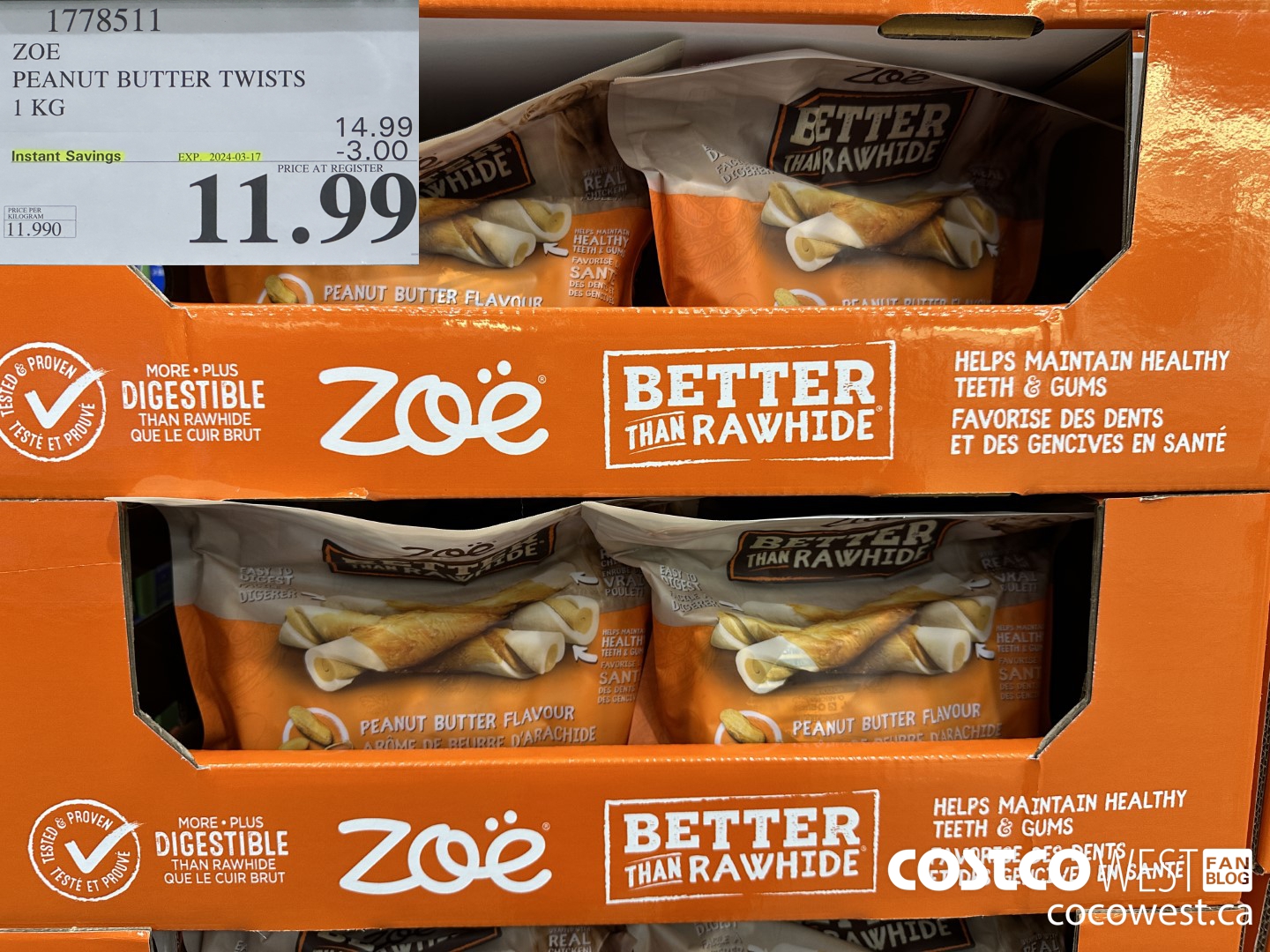 1778511 ZOE PEANUT BUTTER TWISTS 1 KG ($3.00 INSTANT SAVINGS EXPIRES ON 2024-03-17) $11.99