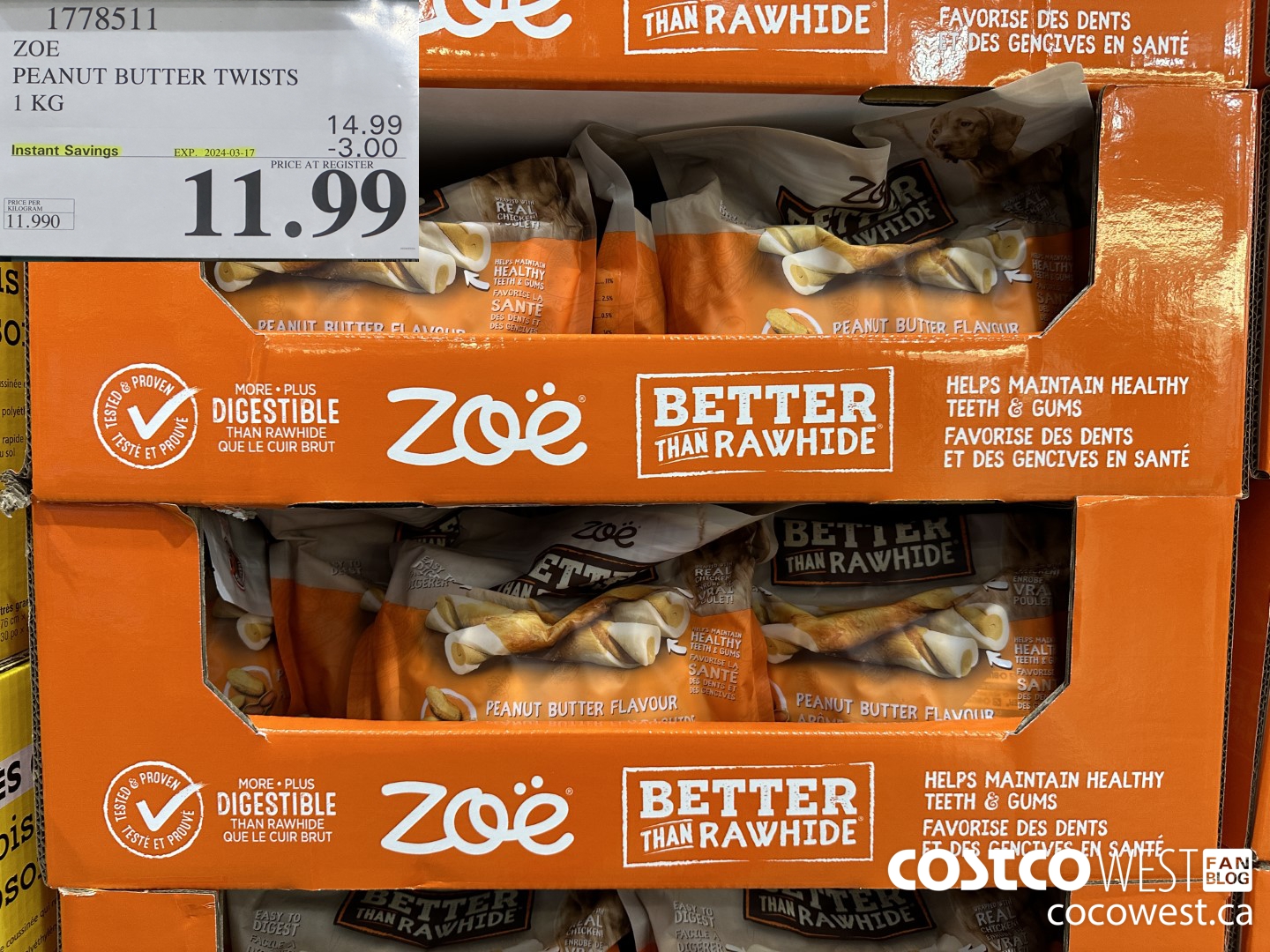 1778511 ZOE PEANUT BUTTER TWISTS 1 KG ($3.00 INSTANT SAVINGS EXPIRES ON 2024-03-17) $11.99