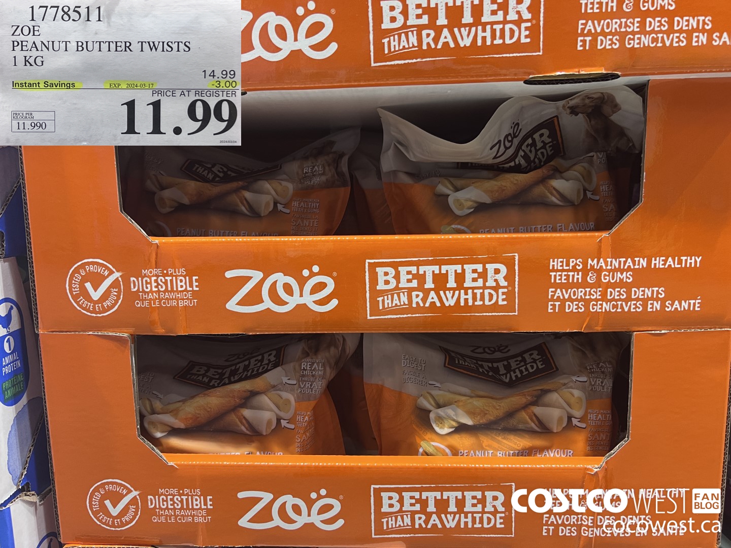 1778511 ZOE PEANUT BUTTER TWISTS 1 KG ($3.00 INSTANT SAVINGS EXPIRES ON 2024-03-17) $11.99