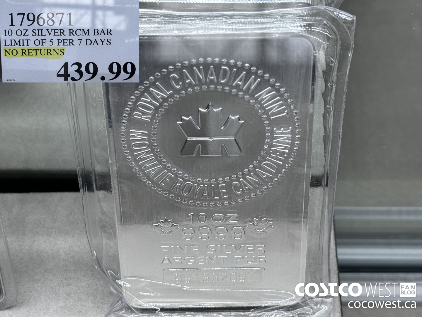 1796871 10 OZ SILVER RCM BAR LIMIT OF 5 PER 7 DAYS NO RETURNS  $439.99