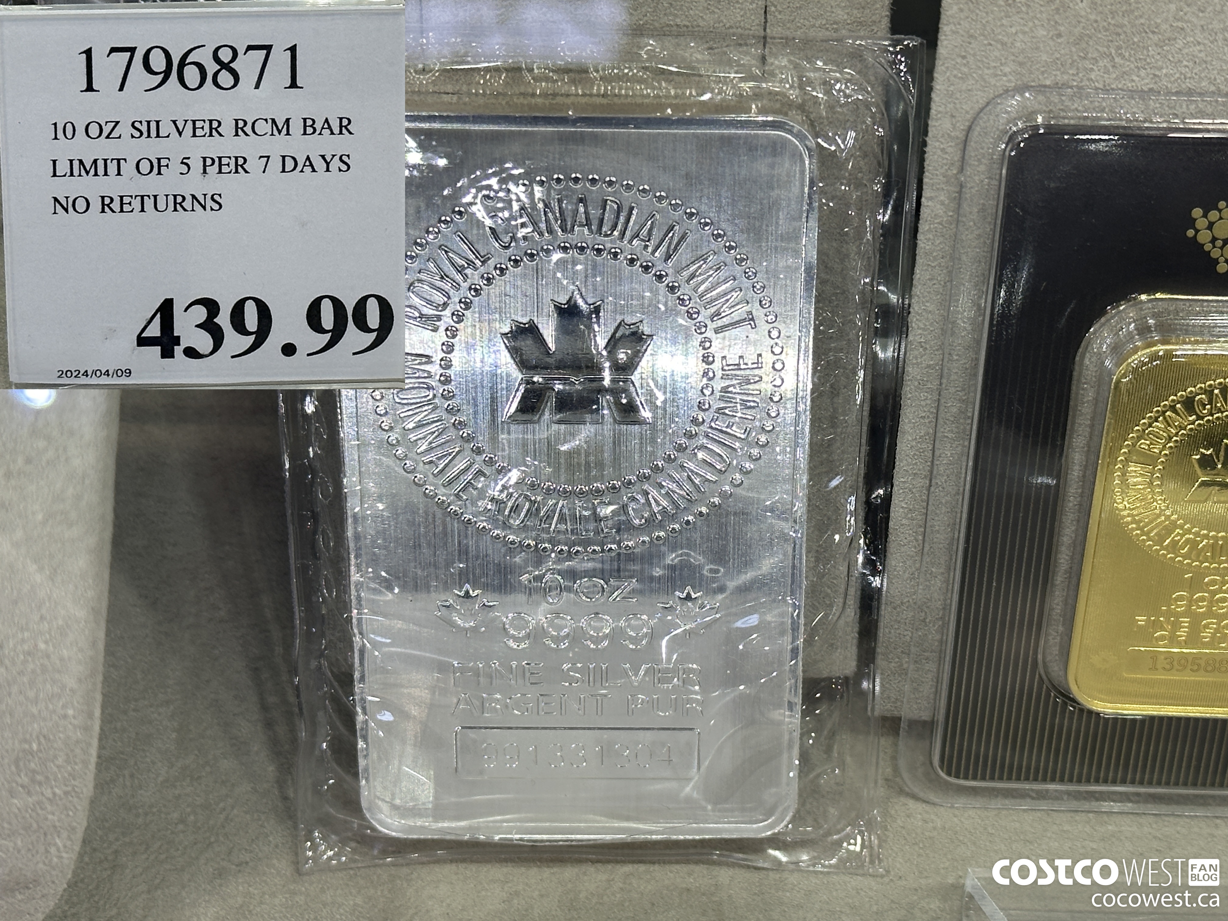 1796871 10 OZ SILVER RCM BAR LIMIT OF 5 PER 7 DAYS NO RETURNS  $439.99