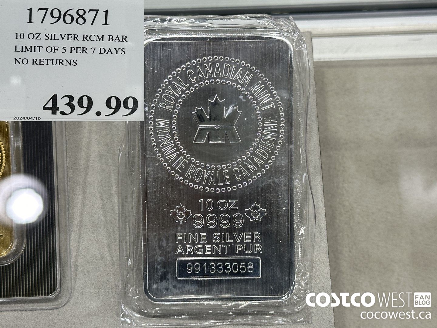 1796871 10 OZ SILVER RCM BAR LIMIT OF 5 PER 7 DAYS NO RETURNS  $439.99