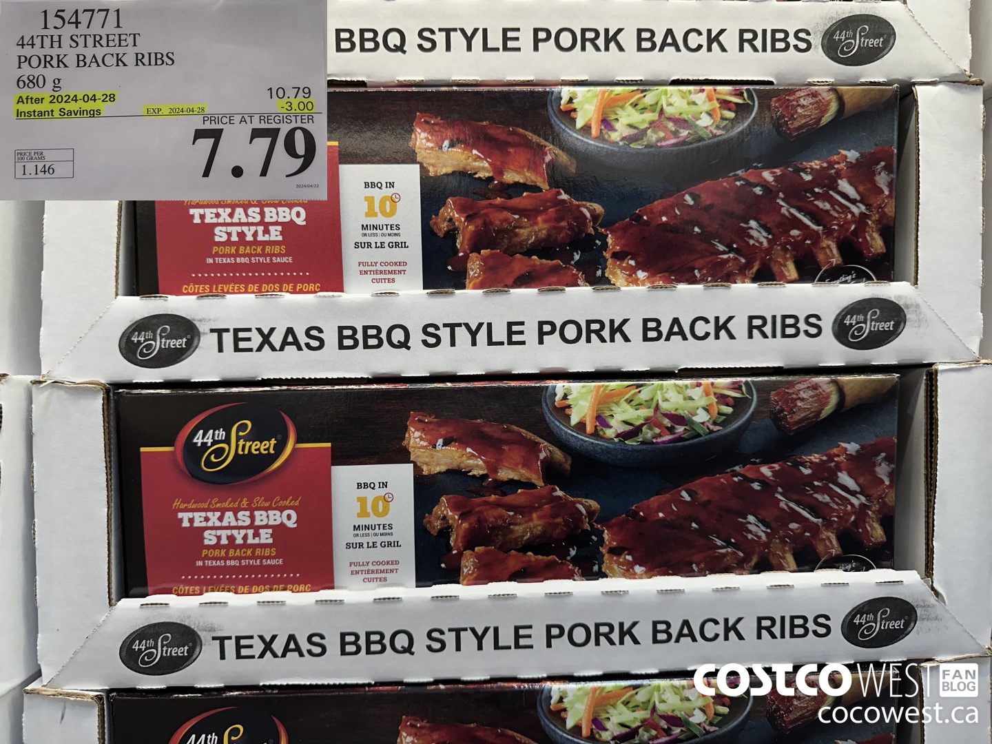 154771 44TH STREET PORK BACK RIBS 680 g ($3.00 INSTANT SAVINGS EXPIRES ON 2024-04-28) $7.79