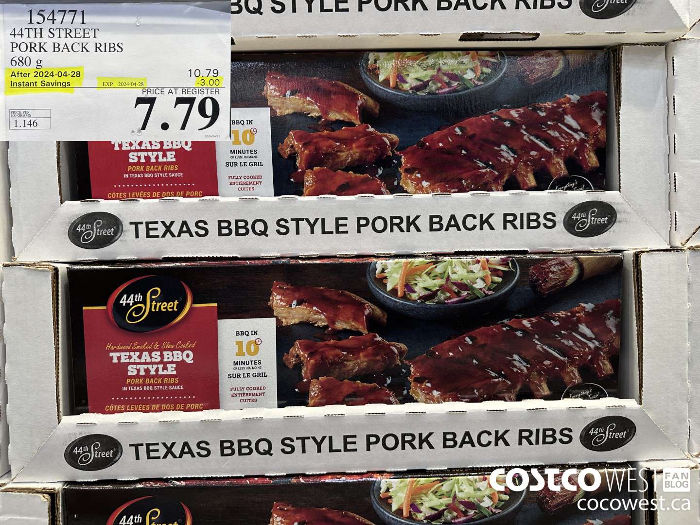 154771 44TH STREET PORK BACK RIBS 680 g ($3.00 INSTANT SAVINGS EXPIRES ON 2024-04-28) $7.79