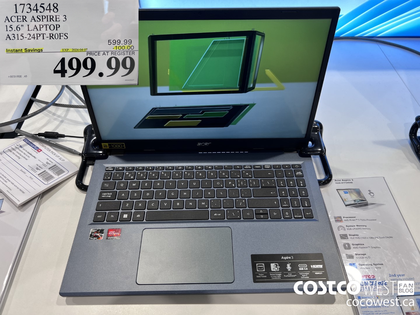 1734548 ACER ASPIRE 3 15.6IN LAPTOP A315-24PT-R0FS ($100.00 INSTANT SAVINGS EXPIRES ON 2024-04-07) $499.99