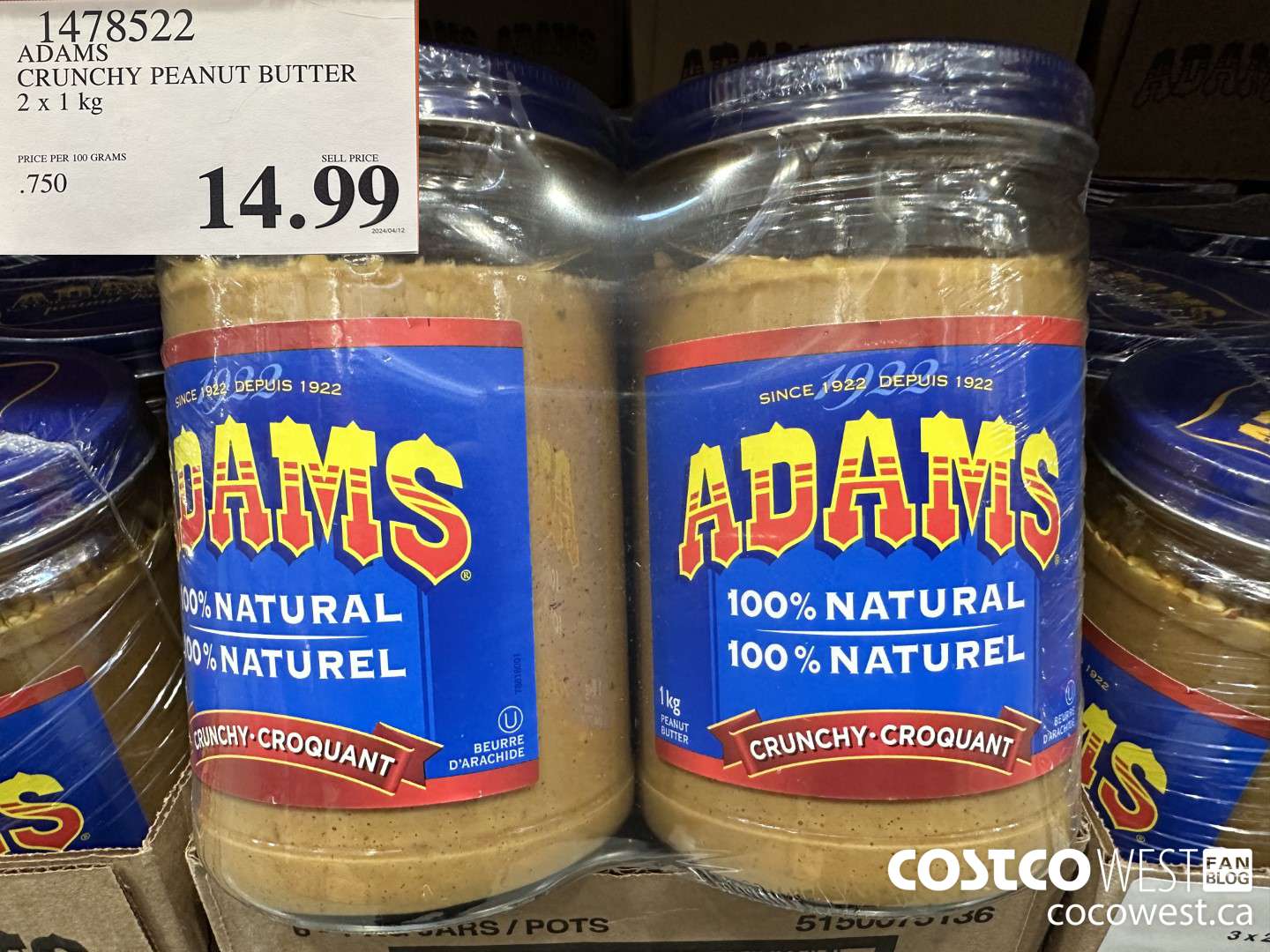 1478522 ADAMS CRUNCY PEANUT BUTTER 2 X 1 KG $14.99