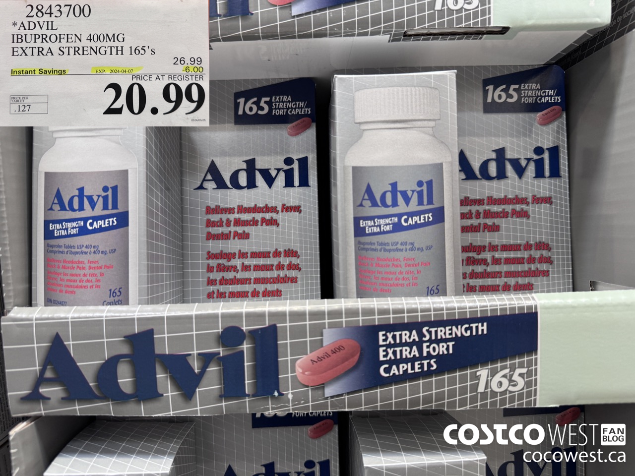 2843700 ADVIL IBUPROFEN 400MG EXTRA STRENGTH 165'S ($6.00 INSTANT SAVINGS EXPIRES ON 2024-04-07) $20.99