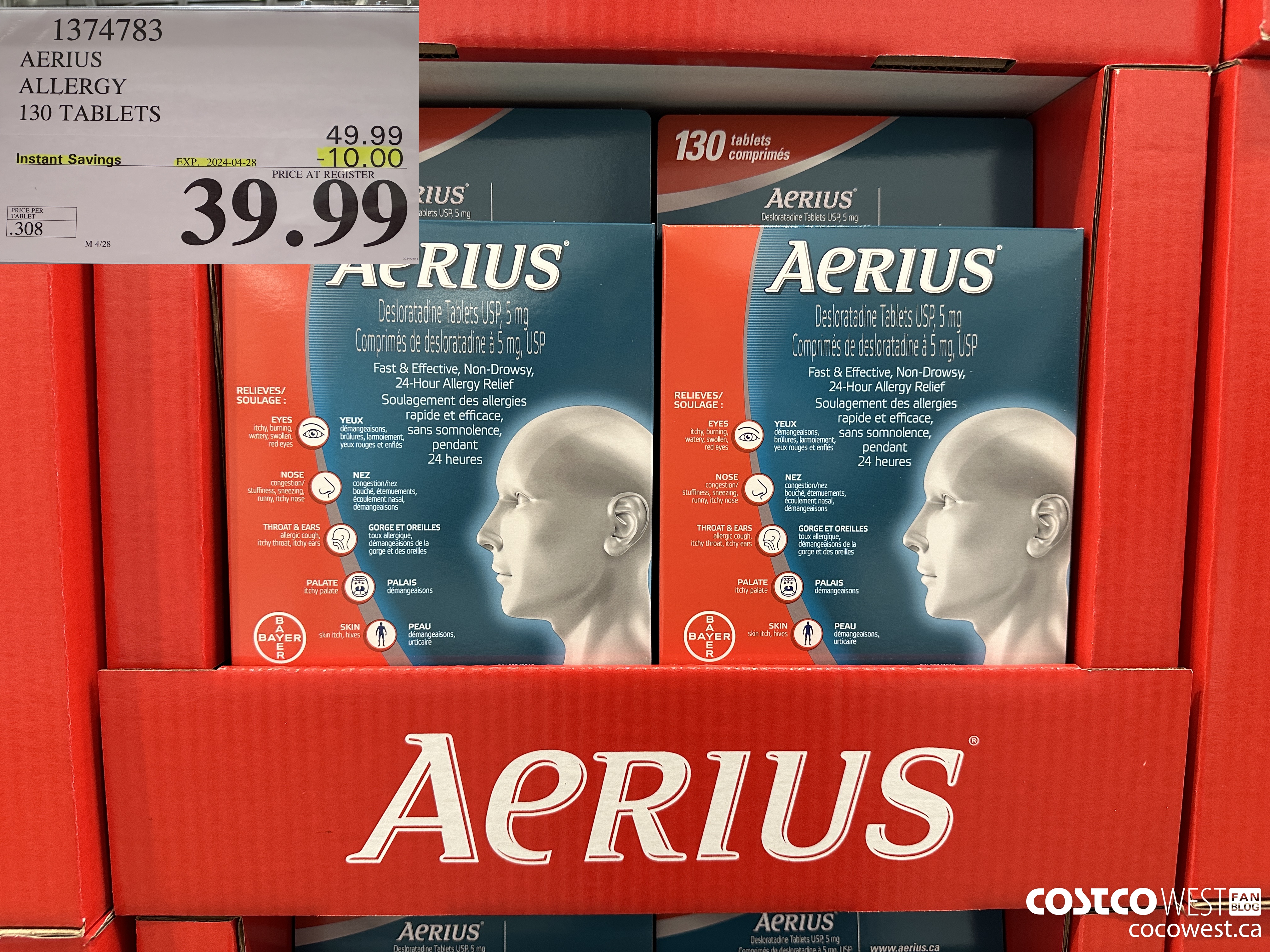 1374783 AERIUS ALLERGY 130 TABLETS ($10.00 INSTANT SAVINGS EXPIRES ON 2024-04-28) $39.99