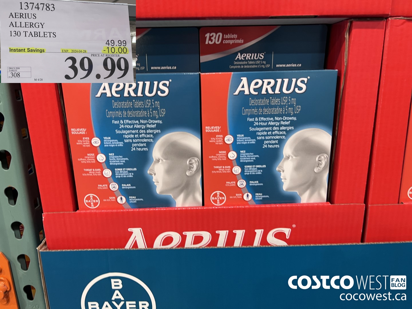 1374783 AERIUS ALLERGY 130 TABLETS ($10.00 INSTANT SAVINGS EXPIRES ON 2024-04-28) $39.99