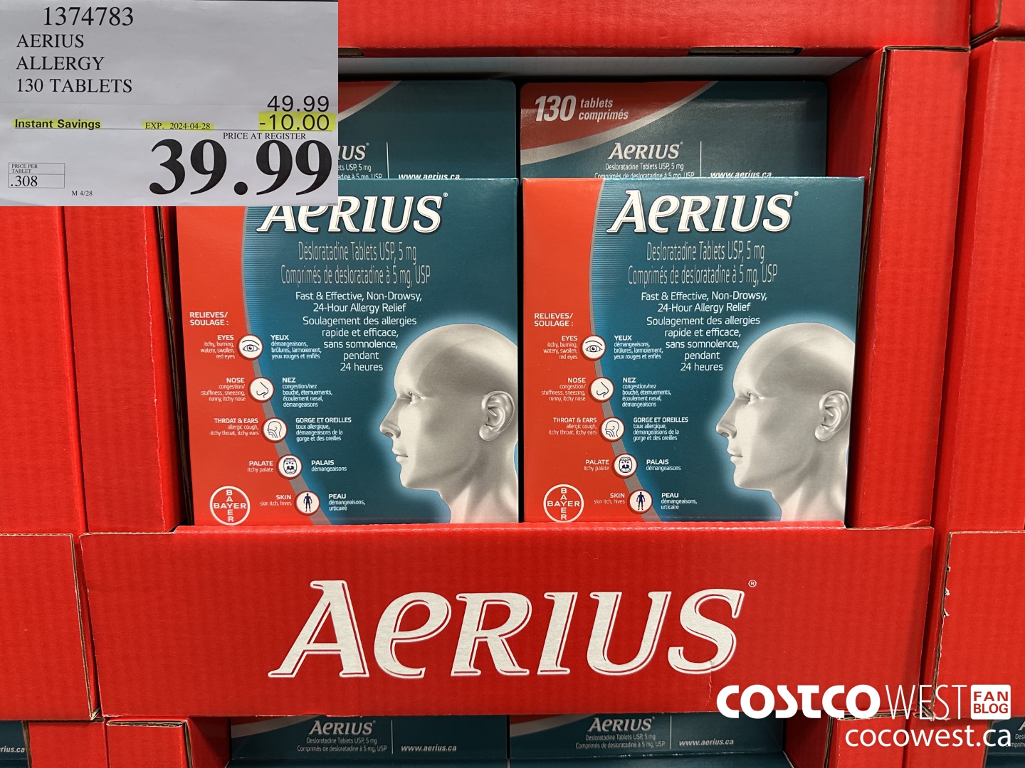 1374783 AERIUS ALLERGY 130 TABLETS ($10.00 INSTANT SAVINGS EXPIRES ON 2024-04-28) $39.99