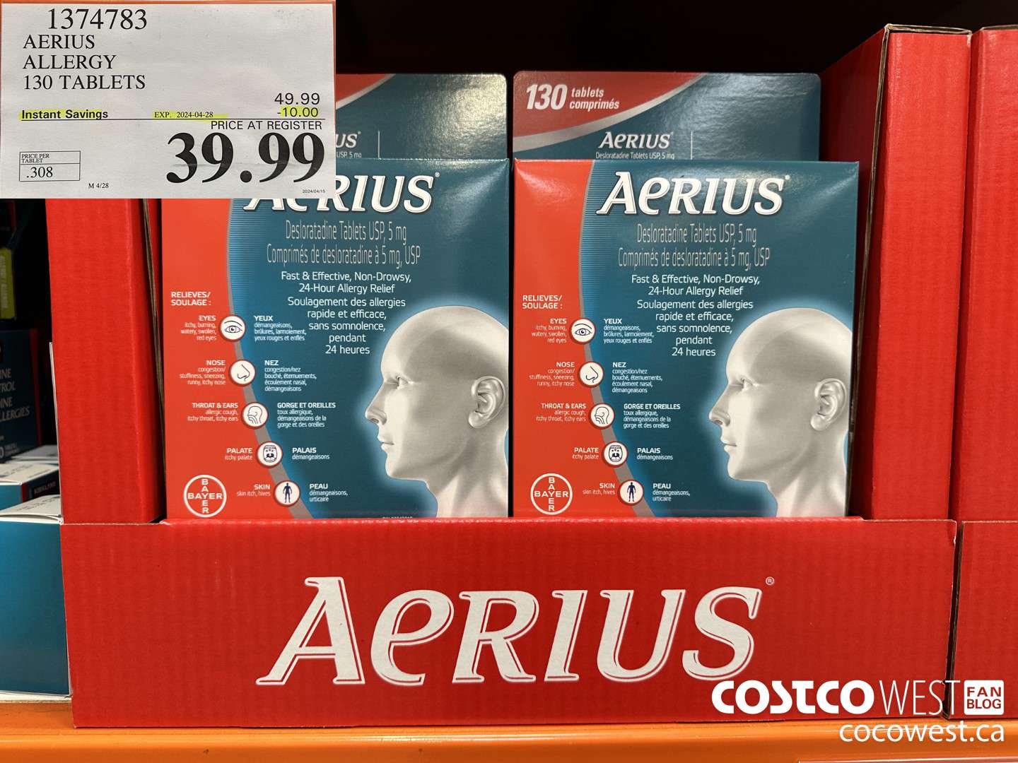 1374783 AERIUS ALLERGY 130 TABLETS ($10.00 INSTANT SAVINGS EXPIRES ON 2024-04-28) $39.99